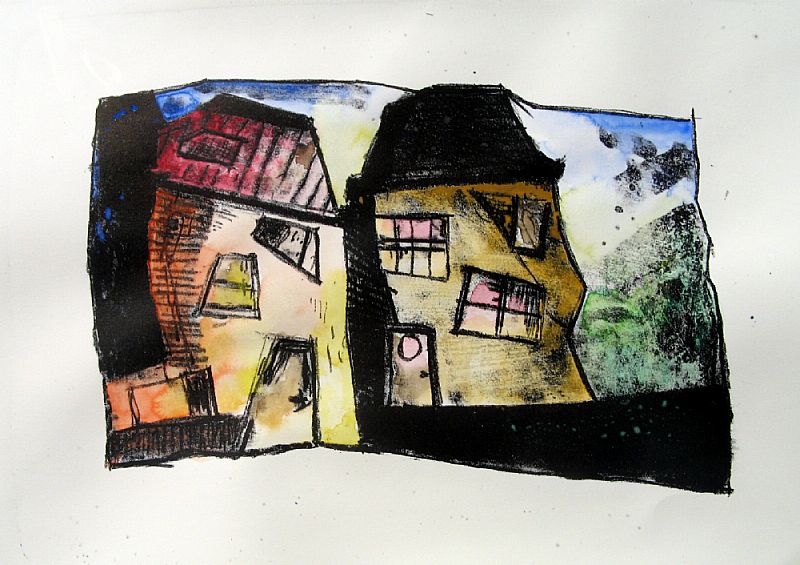 Abstract huizen, litho met aquarel inkleuring, 265x375mm, maart 2015, (15.21), oplage: 4