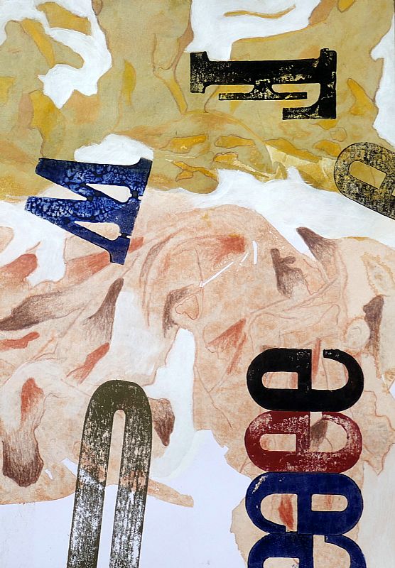 Vlekken en tekens, aquarel en drukinkt op papier, 32x22cm, juni 2025 (23.52), geinspireerd op Werkman. Uit een serie van vier.