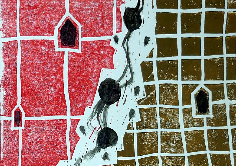 Wenskaart 2026, linosnede en acryl, 10x15cm, december 2025 (25.88)