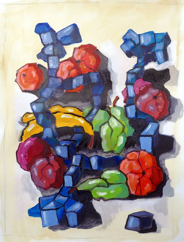 Fruit, acryl en olieverf op papier, 65x50cm, 2023 (23.02)