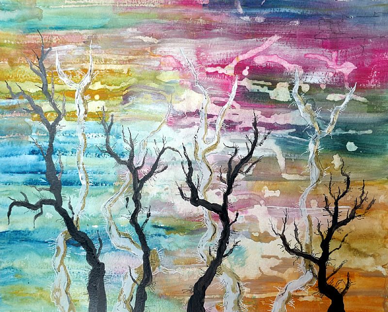 Verbrand bos, acryl en fineliner op papier, 32x40cm, juli 2025 (25.59), uit een serie van vier.