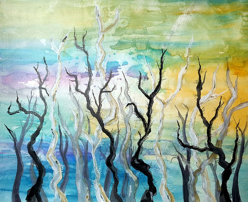 Verbrand bos, acryl en fineliner op papier, 32x40cm, juli 2025 (25.61), uit een serie van vier.