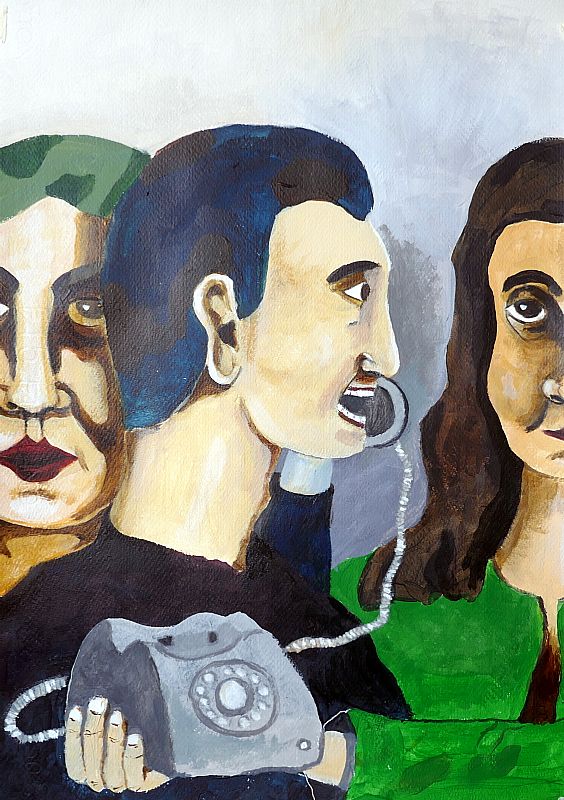 Rob van den Boom_ Het onverwachte gesprek, acryl op papier, 50x53cm, augustus 2025, (25.64)