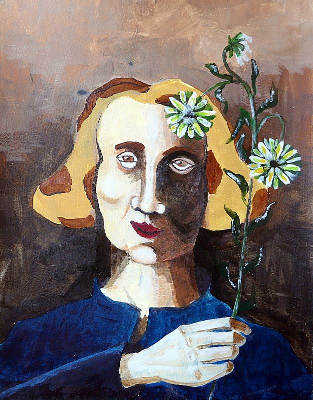 Rob van den Boom_ Mw.A met bloem, acryl op papier, 42x32cm, augustus 2025 (25.66)
