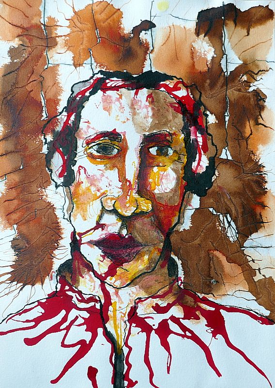 Studie/tronies, acrylinkt en aquarel op papier, 29,5x20,5cm, september 2025 (25.68), uit een serie van vier.