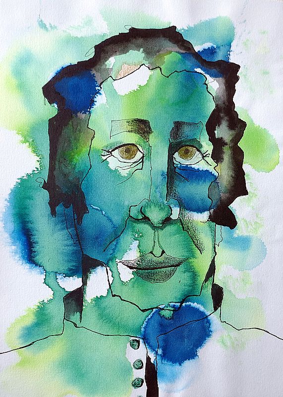 Studie/tronies, acrylinkt en aquarel op papier, 29,5x20,5cm, september 2025 (25.69), uit een serie van vier.