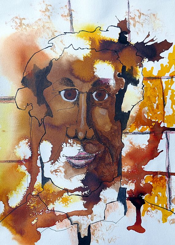 Studie/tronies, acrylinkt en aquarel op papier, 29,5x20,5cm, september 2025 (25.70), uit een serie van vier.