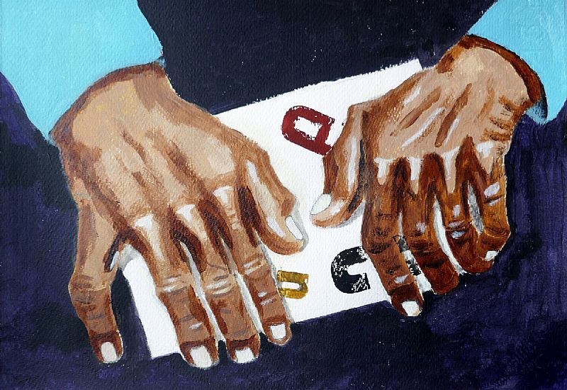 Studie/handen, acryl en drukinkt op papier, 25x35,5cm, september 2025 (25.72), uit een serie van vier.