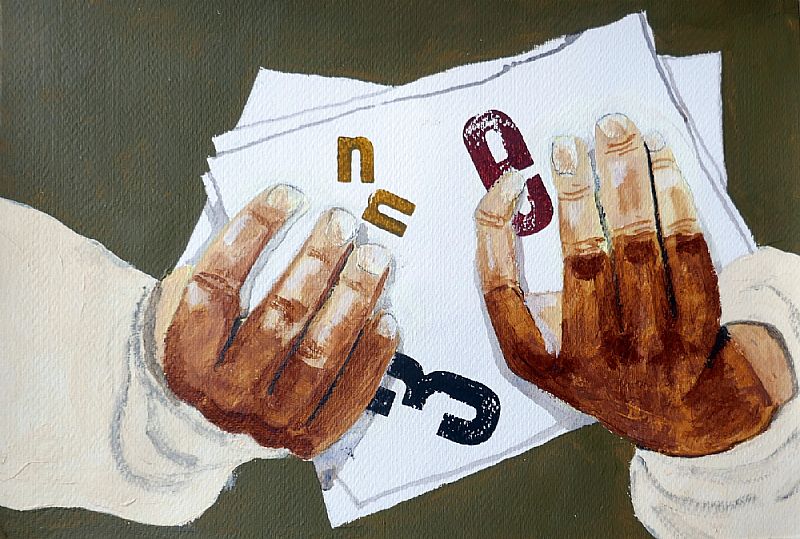 Studie/handen, acryl en drukinkt op papier, 25x35,5cm, september 2025 (25.73), uit een serie van vier.