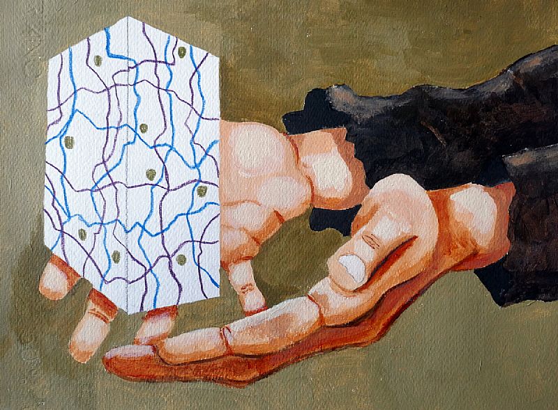 Studie/handen II, acryl op papier, 25x33cm, oktober 2025, (25.76). uit een serie van vier.