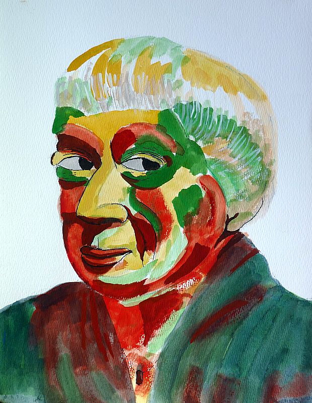 Rob van den Boom_ Studie, Ursula Le Guin, gouache en pen, 35,6x28cm, sept 2026, (26.24) (uit een serie van zes, studie naar expressionisme)