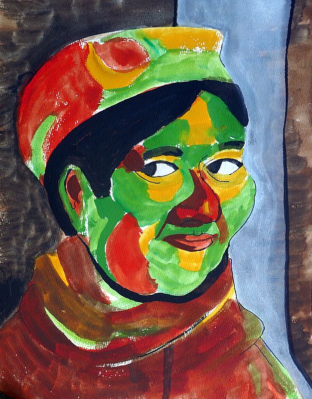 Rob van den Boom_ Studie, Asako Y. gouache en pen, 35,6x28cm, sept 2026, (26.26) (uit een serie van zes, studie naar expressionisme)