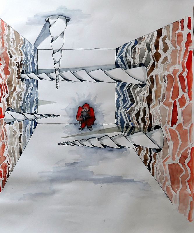 Geboord interieur, inkt en aquarel op papier, 500x400mm, 2019 (19.12)
