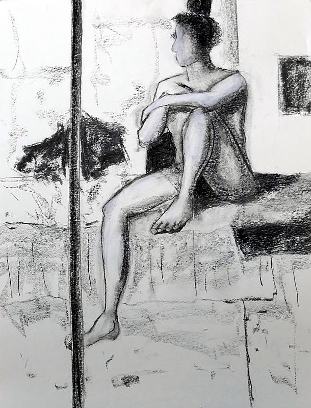 Rob van den Boom_ Modelstudie, houtskool en krijt op papier, 65x50cm, november 2025 (25.82), uit een serie van zes tekeningen.