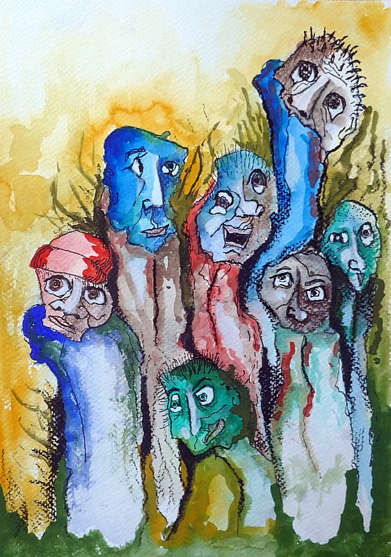 Rob van den Boom_ Het zangkoor,  gouache, aquarel en fineliner op papier, 29,8x21cm, januari 2026 (26.01)