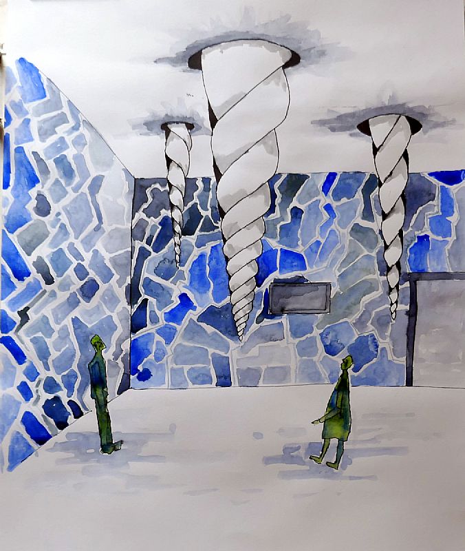 Geboord interieur, inkt en aquarel op papier, 500x400mm, 2019 (19.14)l